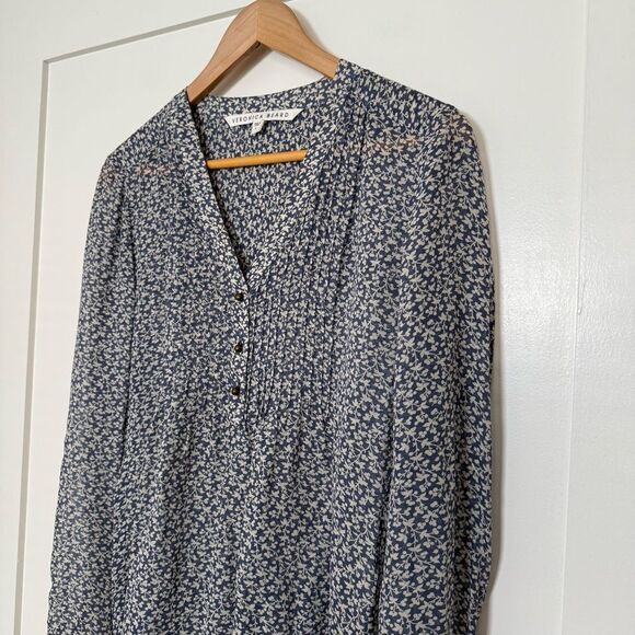 Veronica Beard Blouse Sz 4 Blue White Floral V Neck Long Sleeve Sheer Silk Boho - Picture 2 of 15